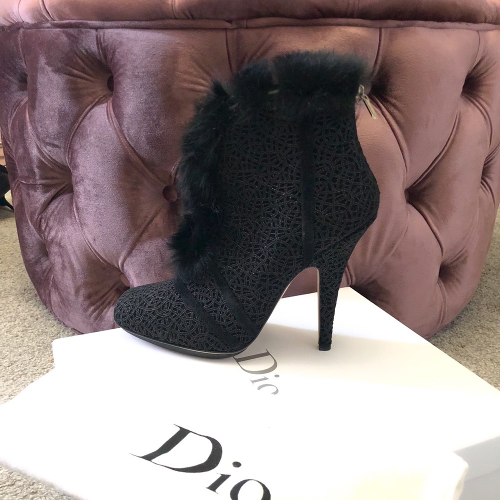 DIOR Black Suede Brocade Metallic Fur Booties 40